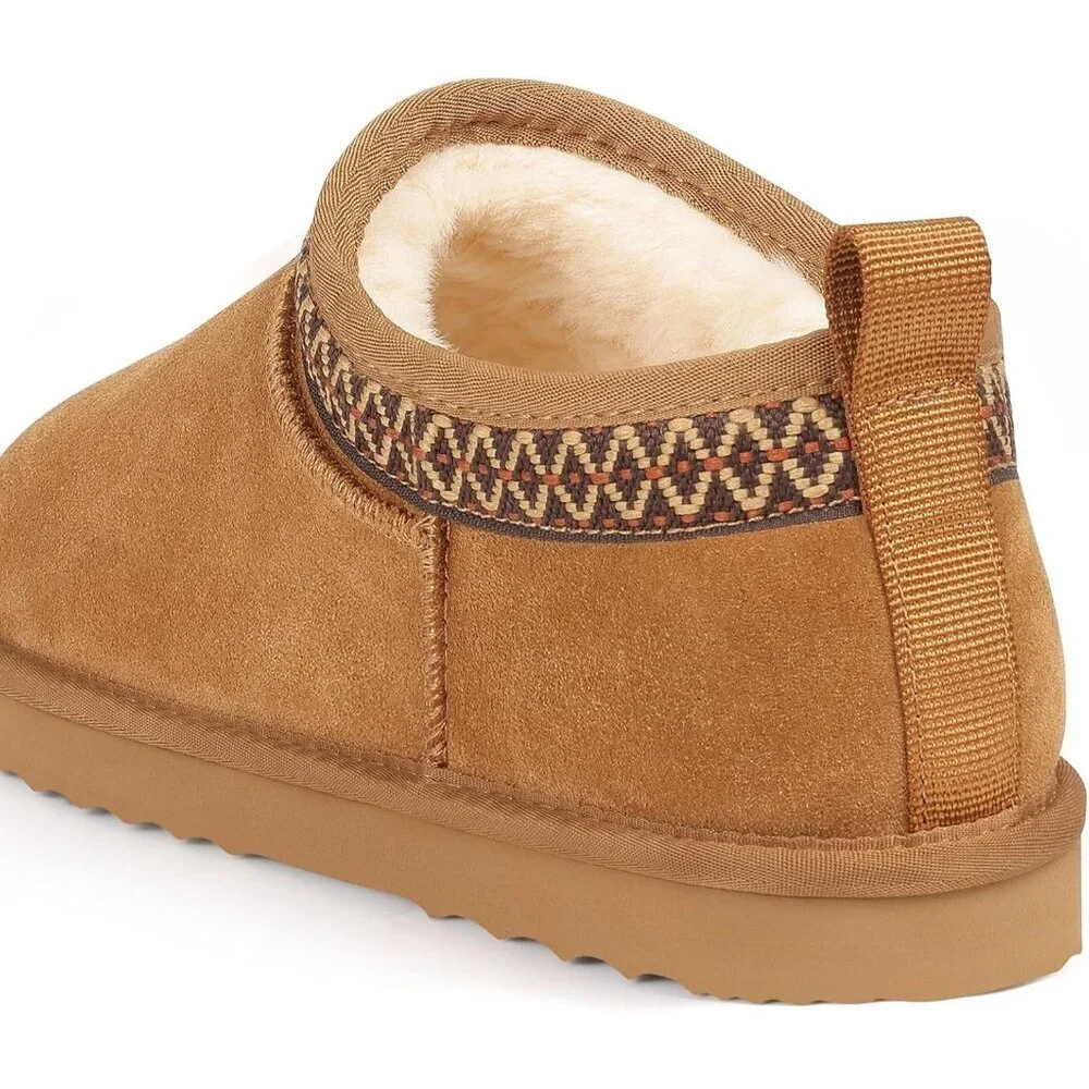 Women's Suede Mini Boots Winter Fuzzy Snow Boots Short Ankle Boot Fur Chestnut